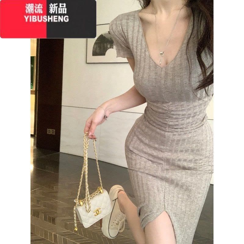 YIBUSHENG性感御姐风紧身短袖连衣裙女装季纯欲气质显瘦包臀裙开叉长裙子图片