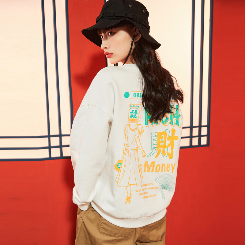 [2.5折价52元]唐狮新款女卫衣外套春装上衣chic港风设计小众国潮圆领白色潮ins
