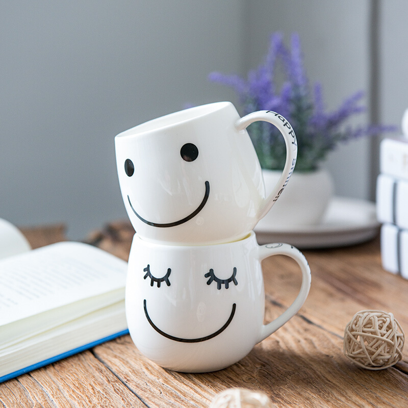 瓷魂 创意卡通时尚陶瓷马克杯情侣杯子咖啡杯水杯 好心情笑脸杯 2只装