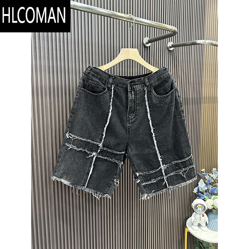 HLCOMAN街头拼接休闲牛仔短裤男士高街潮流情侣夏季复古水洗毛边五分中裤