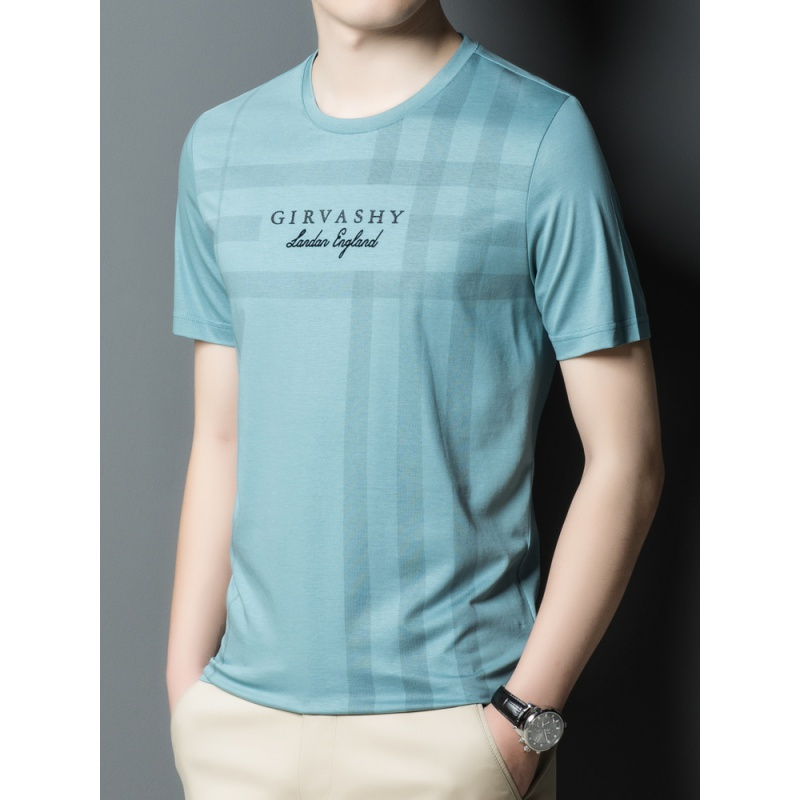 恒源祥桑蚕丝短袖男条纹印花圆领t恤男士夏季新款宽松休闲上衣