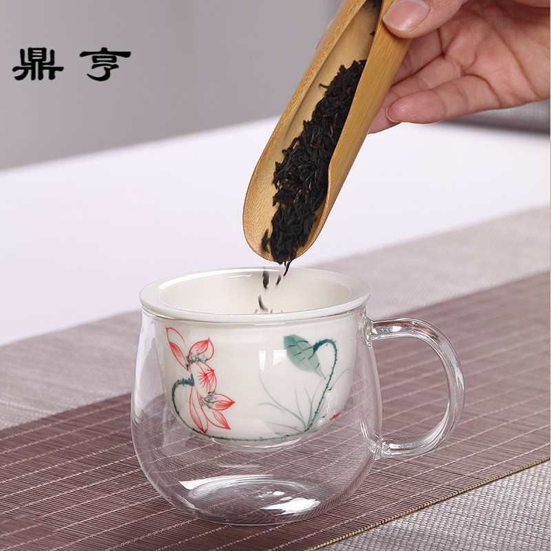 鼎亨耐热玻璃茶杯手绘陶瓷内胆带盖过滤带把茶水分离个人泡茶杯