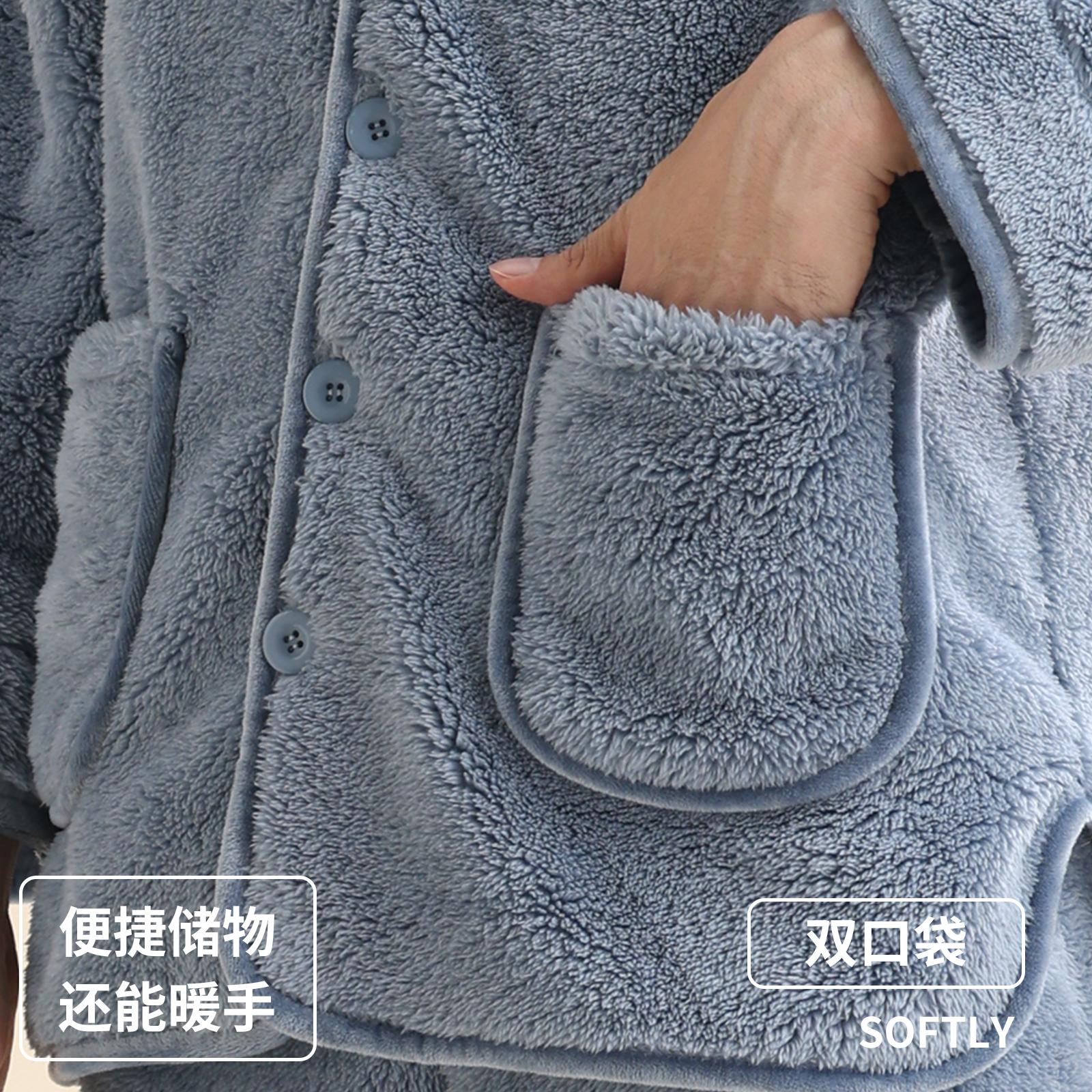 花花公子男士法兰绒睡衣男款冬季加绒加厚珊瑚绒女家居服套装情加高清大图