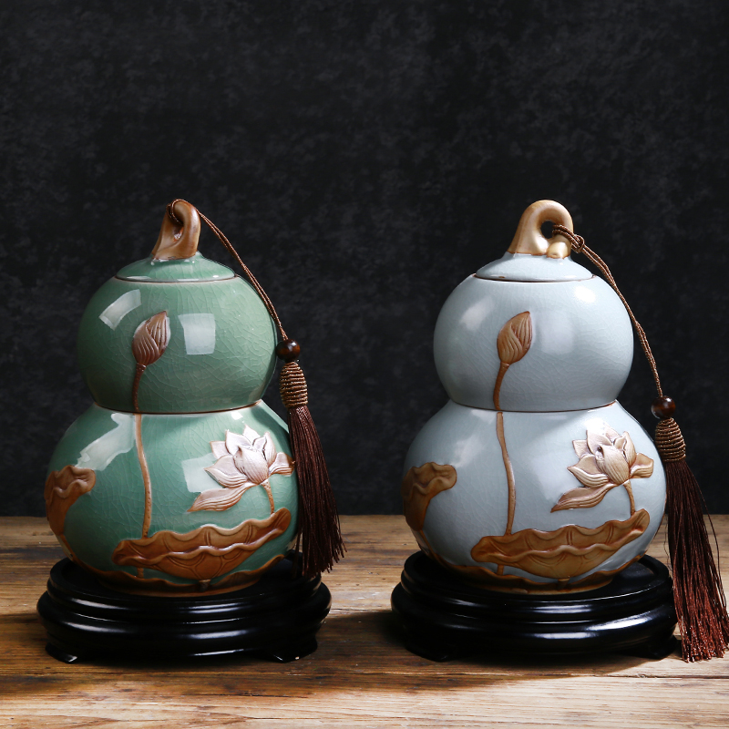 葫芦摆件家居装饰陶瓷工艺品中式摆设办公室客厅玄关开业礼品 三维工匠 梅子天青一对底座礼盒高清大图