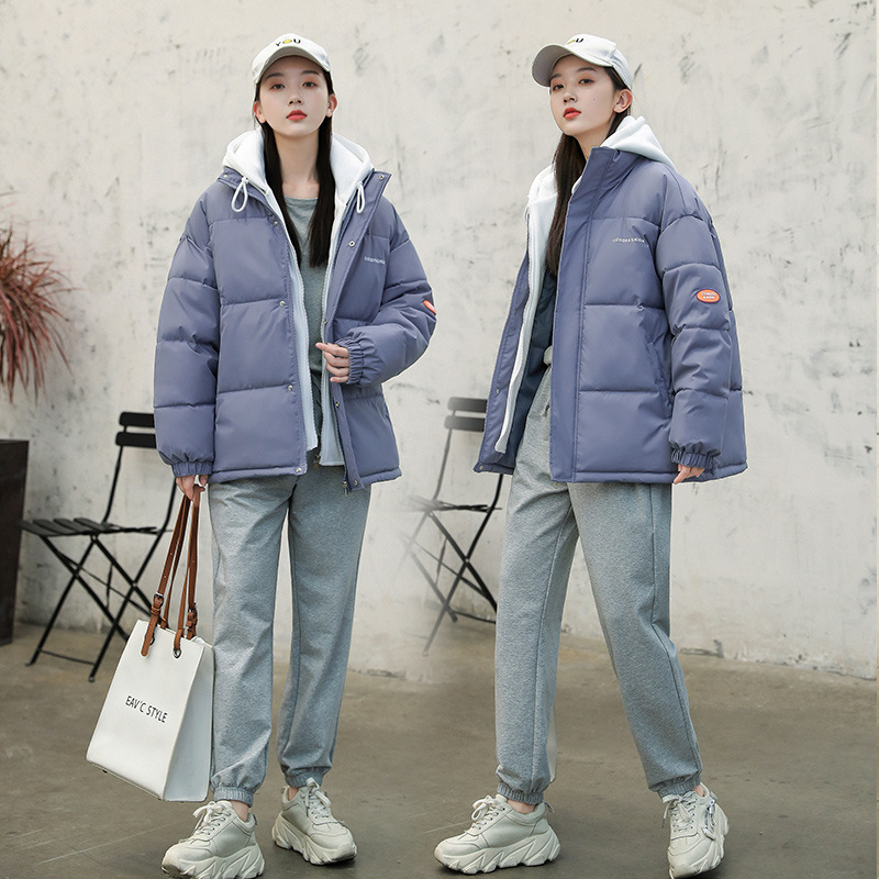 休闲假两件棉衣女2024秋冬短款拼接宽松小众潮百搭连帽棉服外套