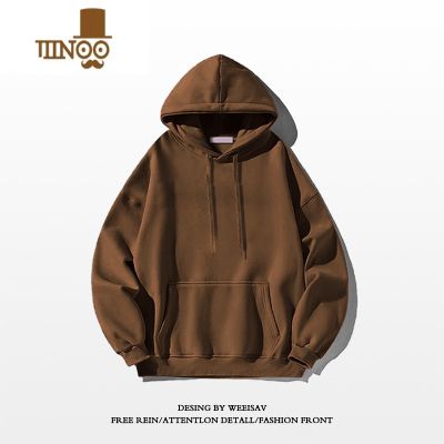 YANXU美式复古加绒纯色卫衣男款小众设计感hiphop潮牌帽衫外套上衣 咖啡色优质推荐款) M