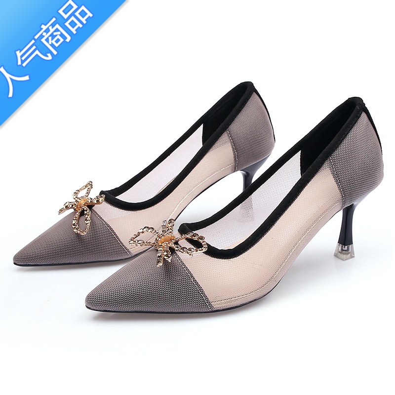 SUNTEK女鞋2023年夏季新款网纱包头凉鞋女尖头蝴蝶结性感高跟鞋高清大图