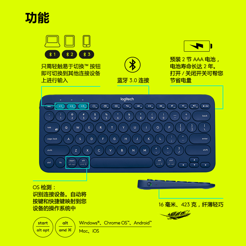 罗技(Logitech)K380无线蓝牙键盘多功能便携智能蓝牙安卓苹果电脑手机 多设备蓝牙键盘 深灰色高清大图