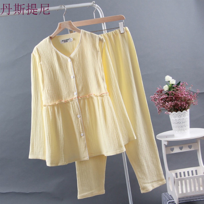 月子服纯棉绉布春夏秋季长袖产后透气吸汗家居服纯色哺乳睡衣套装