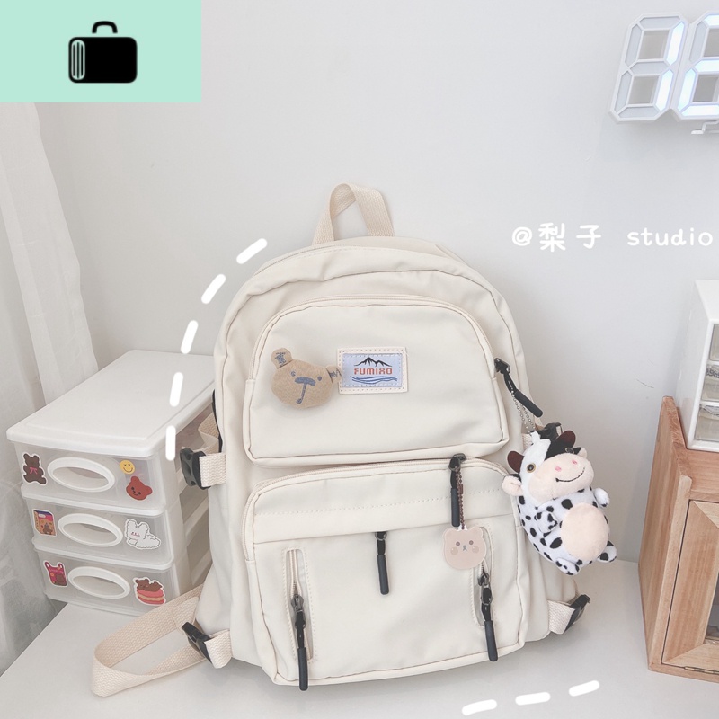 韩国ins工装学生港风街拍书包女原宿双肩包ulzzang旅行背包NEW LAKE 米白（送小奶牛挂件）含丁丁熊和吊坠
