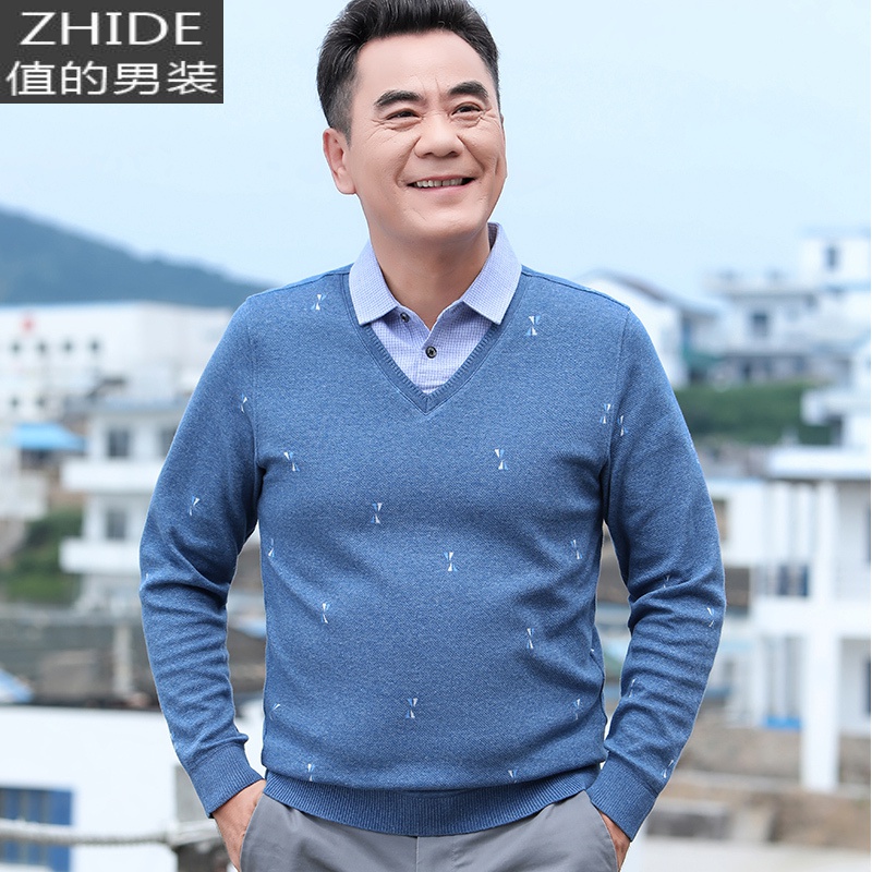 SUNTEK男士春装上衣假两件长袖t恤宽松休闲中老年爸爸装春秋打底衫薄款夹克