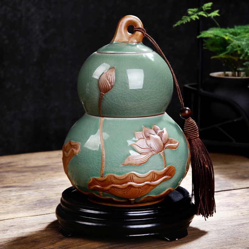 葫芦摆件家居装饰陶瓷工艺品中式摆设办公室客厅玄关开业礼品收纳袋 三维工匠 天青色送底座_544