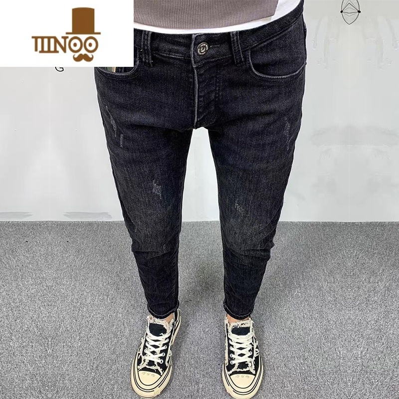 YANXU牛仔裤男士高端潮牌修身小脚2022年新款弹力百搭休闲长裤子高清大图