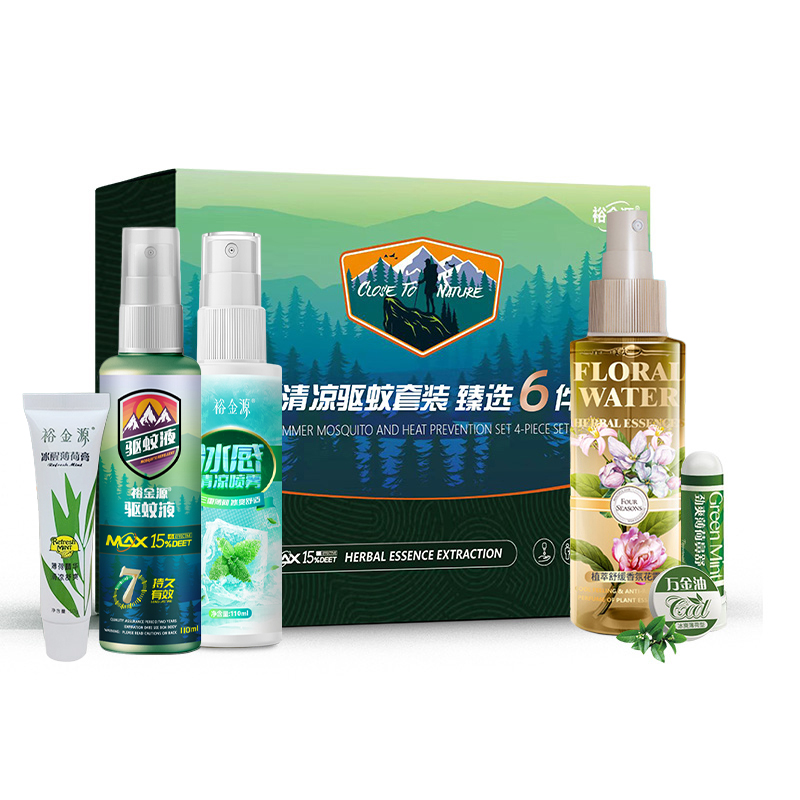 裕金源 夏季清凉驱蚊套装 臻选6件套(驱蚊液110ml+植萃舒缓香氛花露水120ml+冰感清凉喷雾110ml+ 薄荷膏高清大图