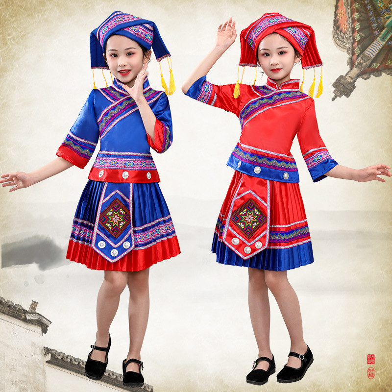 女款玫红色a款110儿童壮族服装广西三月三舞蹈演出服壮族表演服男童