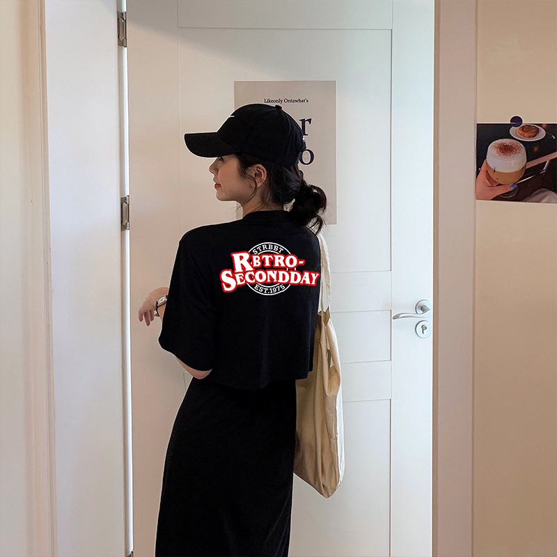 ins超火cec短袖t恤裙女夏2020春秋韩版收腰宽松森系超仙连衣裙子 黑色 M