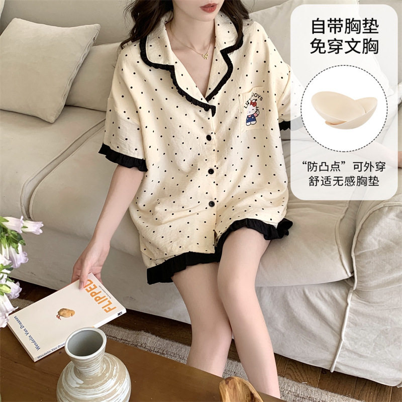 2026年短袖短裤云朵棉夏季薄款开衫睡衣女可爱新款带胸垫套装高清大图