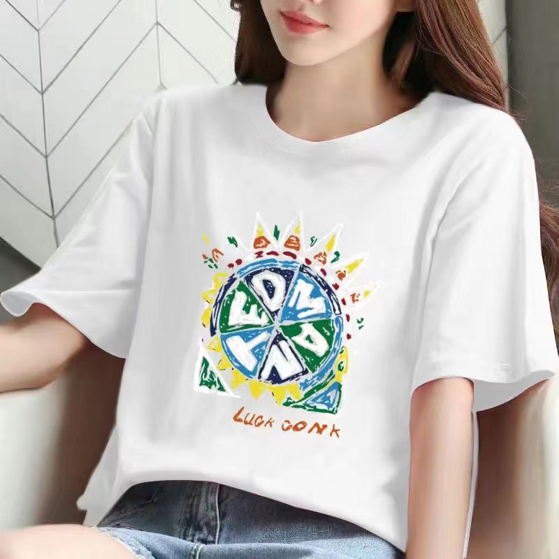 (马卡龙涂鸦)2023年女夏季新款宽松韩版白色圆领印花半袖T恤短袖t恤