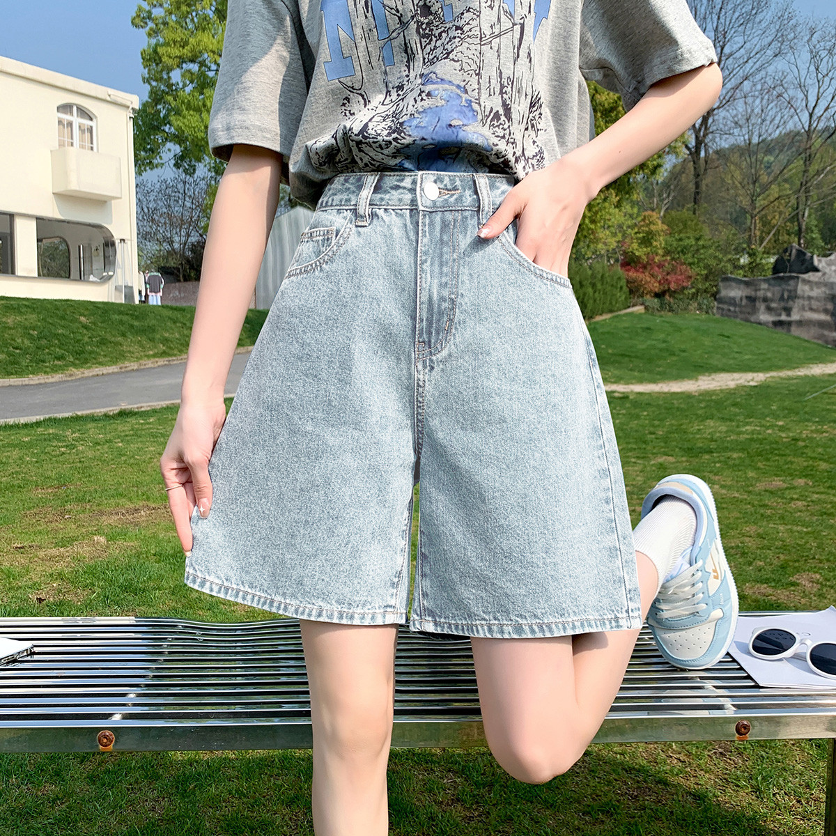 [2.5折价64.5元叠加优惠券]唐狮夏季牛仔中裤女基础休闲百搭阔腿裤时尚浅蓝色阔腿牛仔中短裤女高清大图