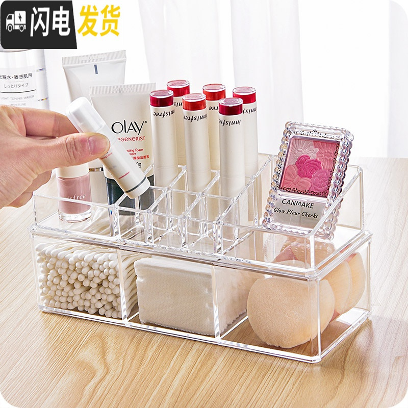 三维工匠透明亚克力化妆品收纳盒塑料桌面储物盒化妆棉化妆刷防尘收纳盒高清大图