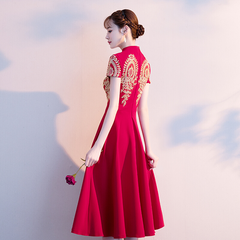 中式敬酒服新娘旗袍2018新款夏季中长款红色结婚礼服回服显瘦女
