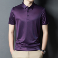 夏季男士桑蚕丝短袖t恤薄款翻领真丝条纹半袖大码POLO衫 165 紫红色