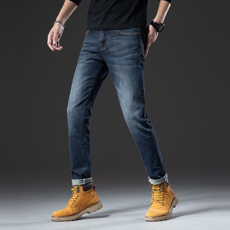 欧货牛仔裤男士修身小直脚弹力裤子潮牌TB加厚秋冬款棉质水洗蓝色图片