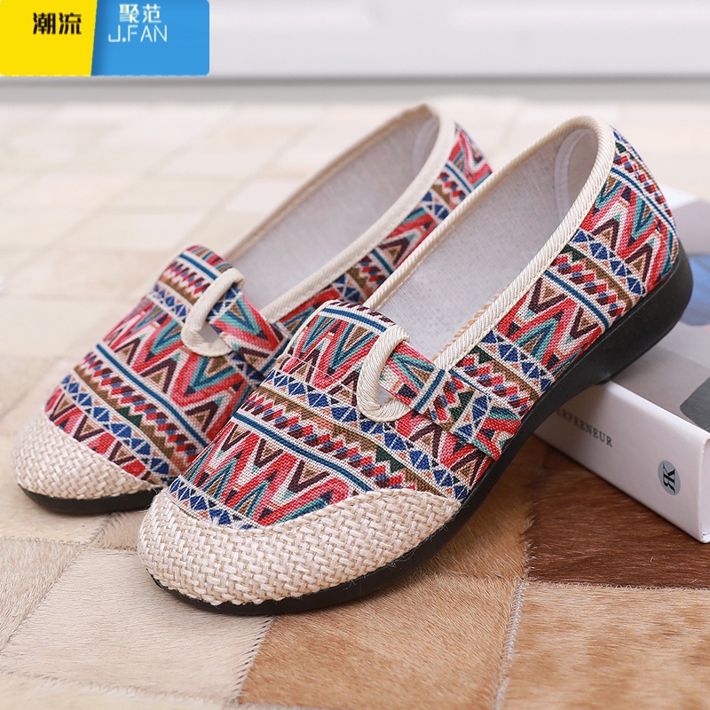 聚范2024新款韩版老北京布鞋女透气百搭条纹厚底帆布鞋一脚蹬休闲单韩高清大图