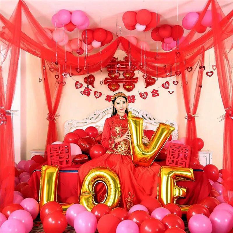 创意婚房布置套装新婚卧室装饰气球结婚红色纱幔拉花婚礼场地