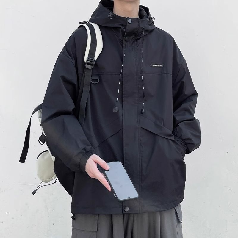 工装冲锋衣外套男秋冬季大码宽松潮牌连帽棉衣服痞帅 黑色 L