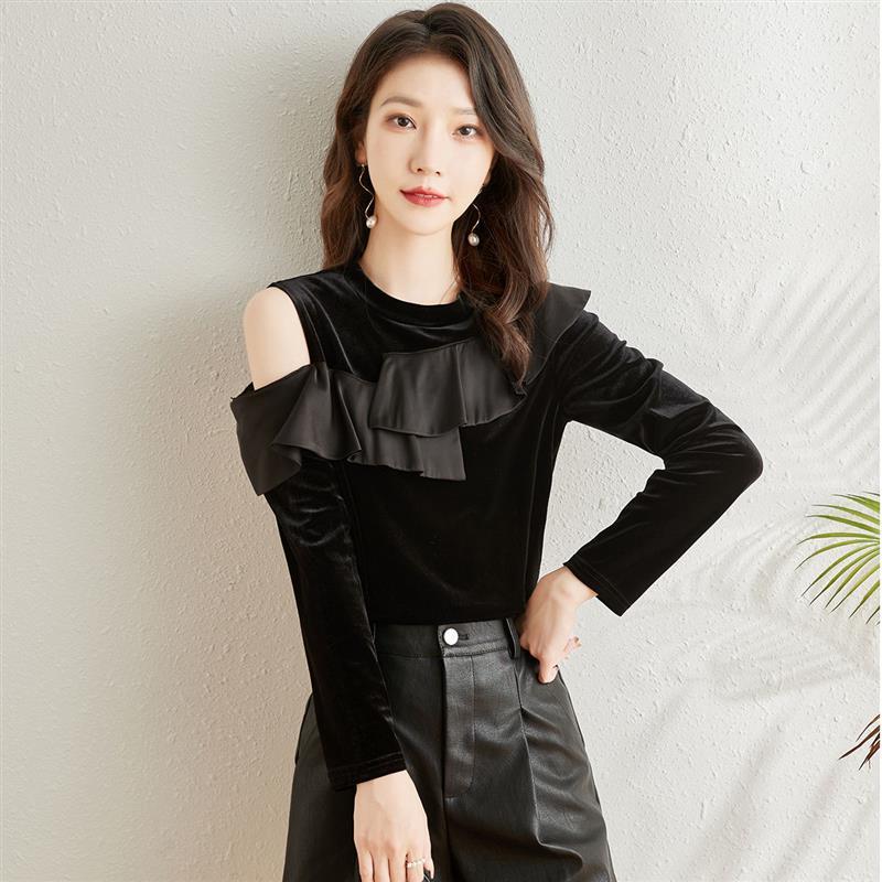 沫晗依美2021秋新款时尚韩版木耳边长袖休闲打底衫女