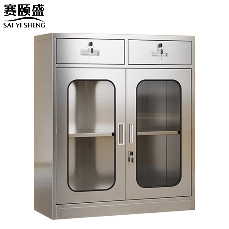 赛颐盛不锈钢矮柜二斗玻璃门900*400*1000mm(201)台高清大图