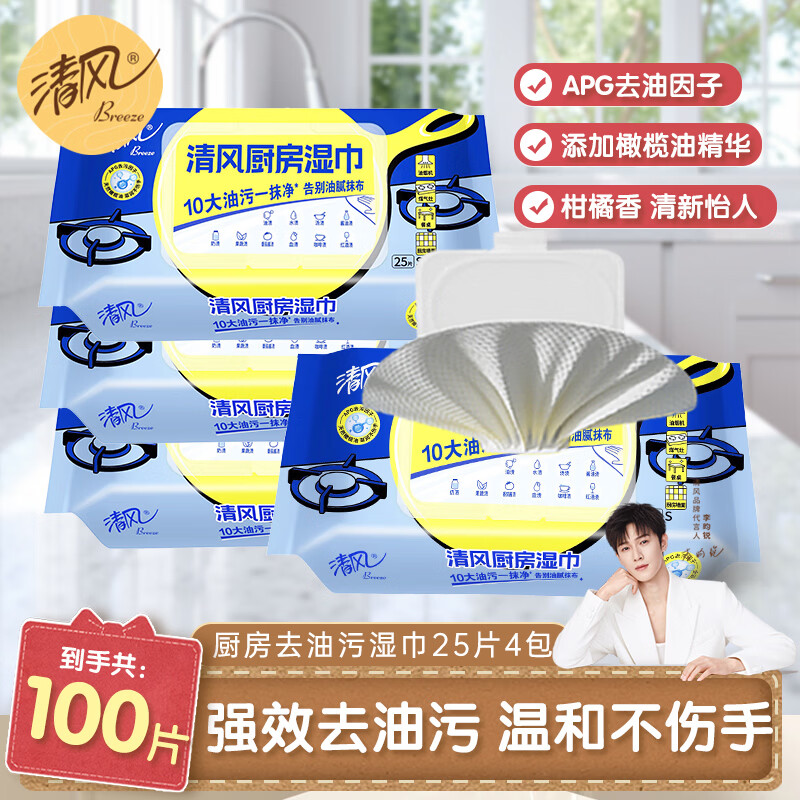 清风 厨房湿纸巾去污去油厨房湿巾 25片4包 APG去污因子厨房用纸BWB25KE