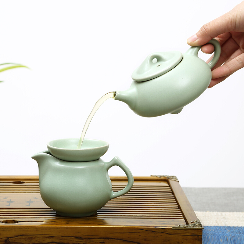 常生源 功夫茶具套装仿宋汝窑开片柯木实木茶盘茶壶茶杯茶具茶叶罐整套 双鱼如意汝窑套装
