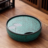 領藝 陶瓷茶盘家用简约功夫储水茶托盘圆形干泡台小型茶台复古日式茶海创意 绿松银杏小号