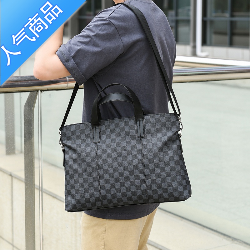 封后欧美男包格子手提包商务休闲单肩包横款电脑公文包新款皮质文件包单肩包男