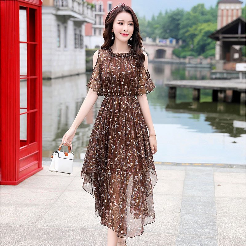 女士夏新品女装不规则气质温柔裙仙女收腰中长款露肩雪纺连衣裙子