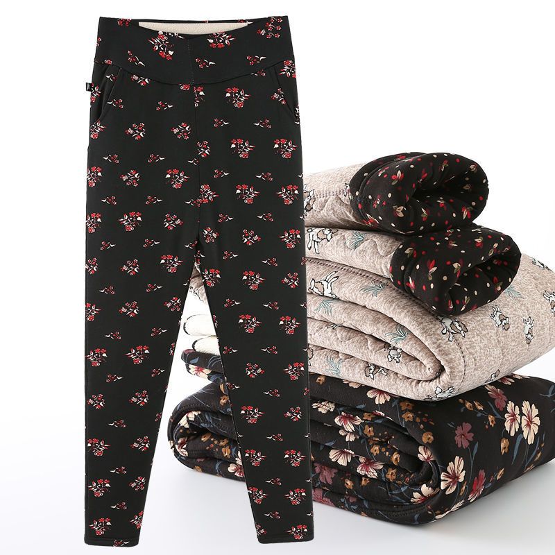 女冬季驼绒棉裤中老年三层加绒加厚高腰大码宽松保暖裤妈妈花棉裤