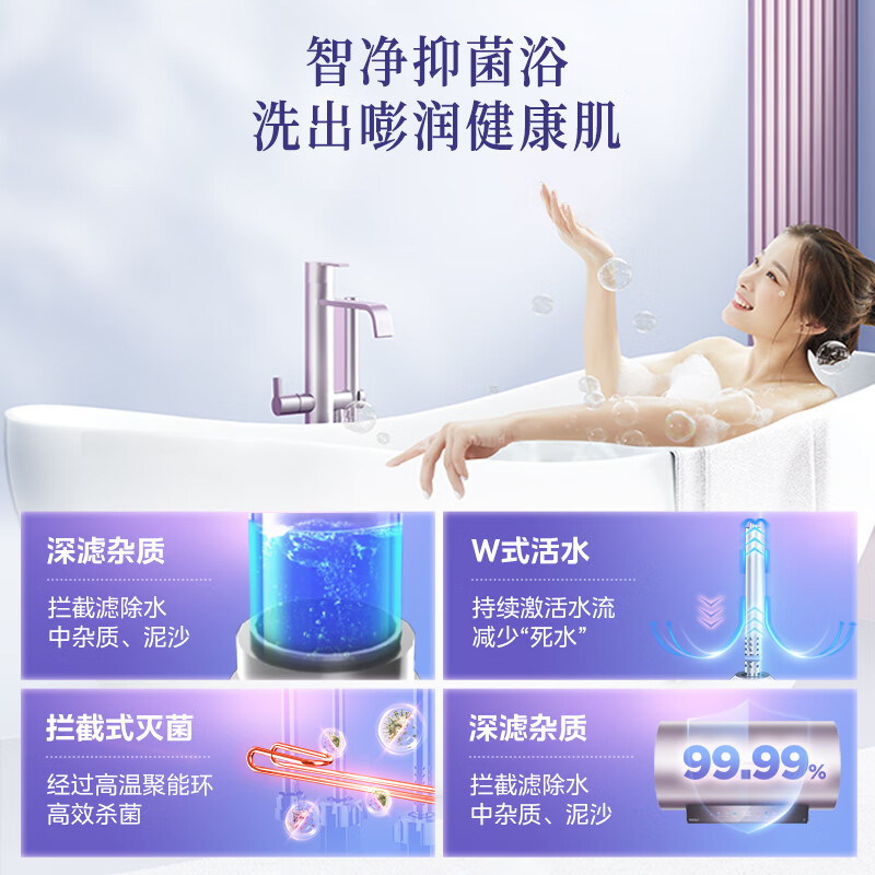 美的(Midea)电热水器80升3300W变频速热镁棒免换内胆免清洗一级能效美肤浴家用储水式F8033-JE8(HE)