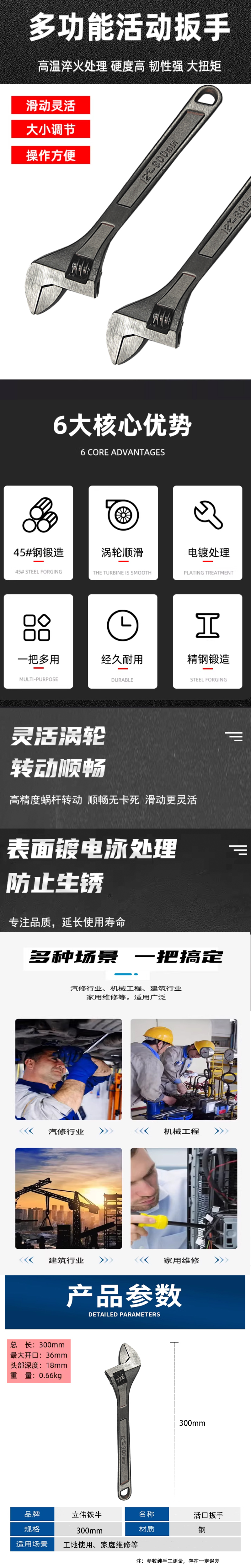 立伟铁牛活口扳手300mm/把高清大图