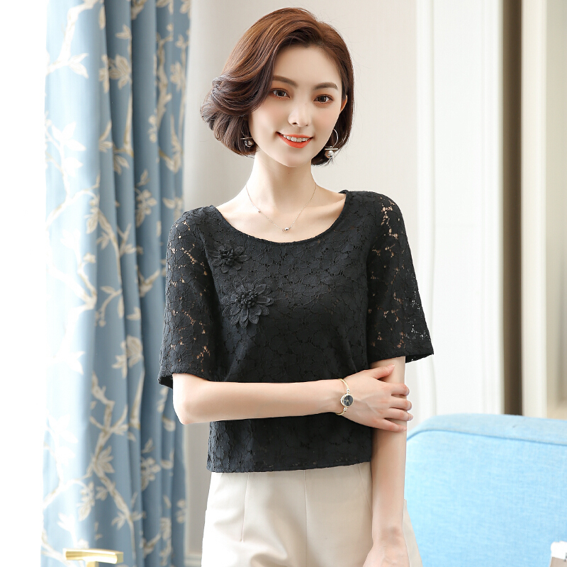 女士蕾丝短袖女夏季2018新款超仙镂空雪纺上衣服宽松短款洋气小衫
