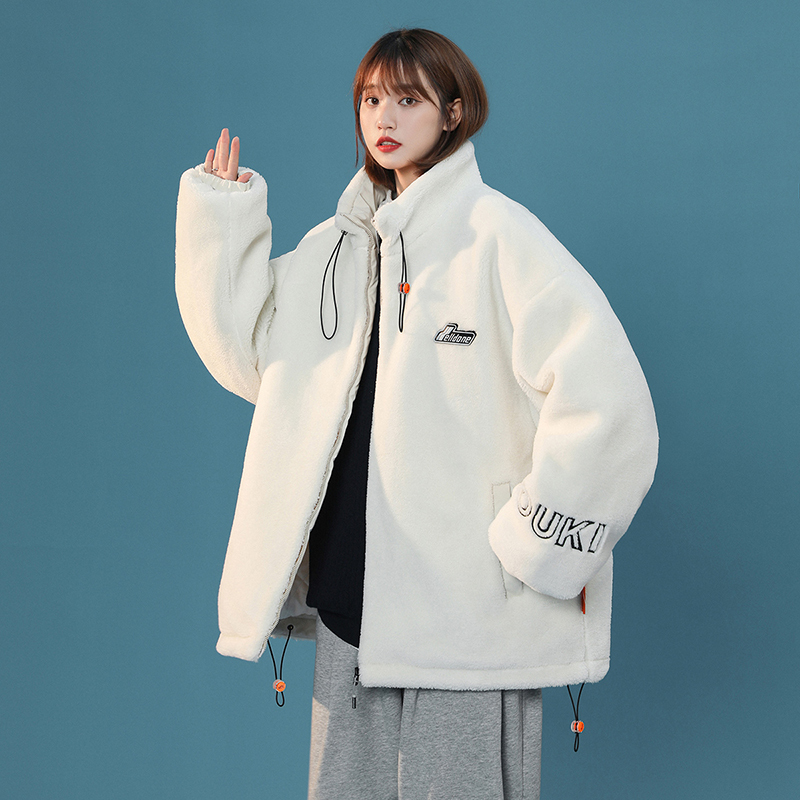 DEBRAND棉衣女2021冬季新款韩版简约ins潮刺绣加厚防寒羊羔绒外套