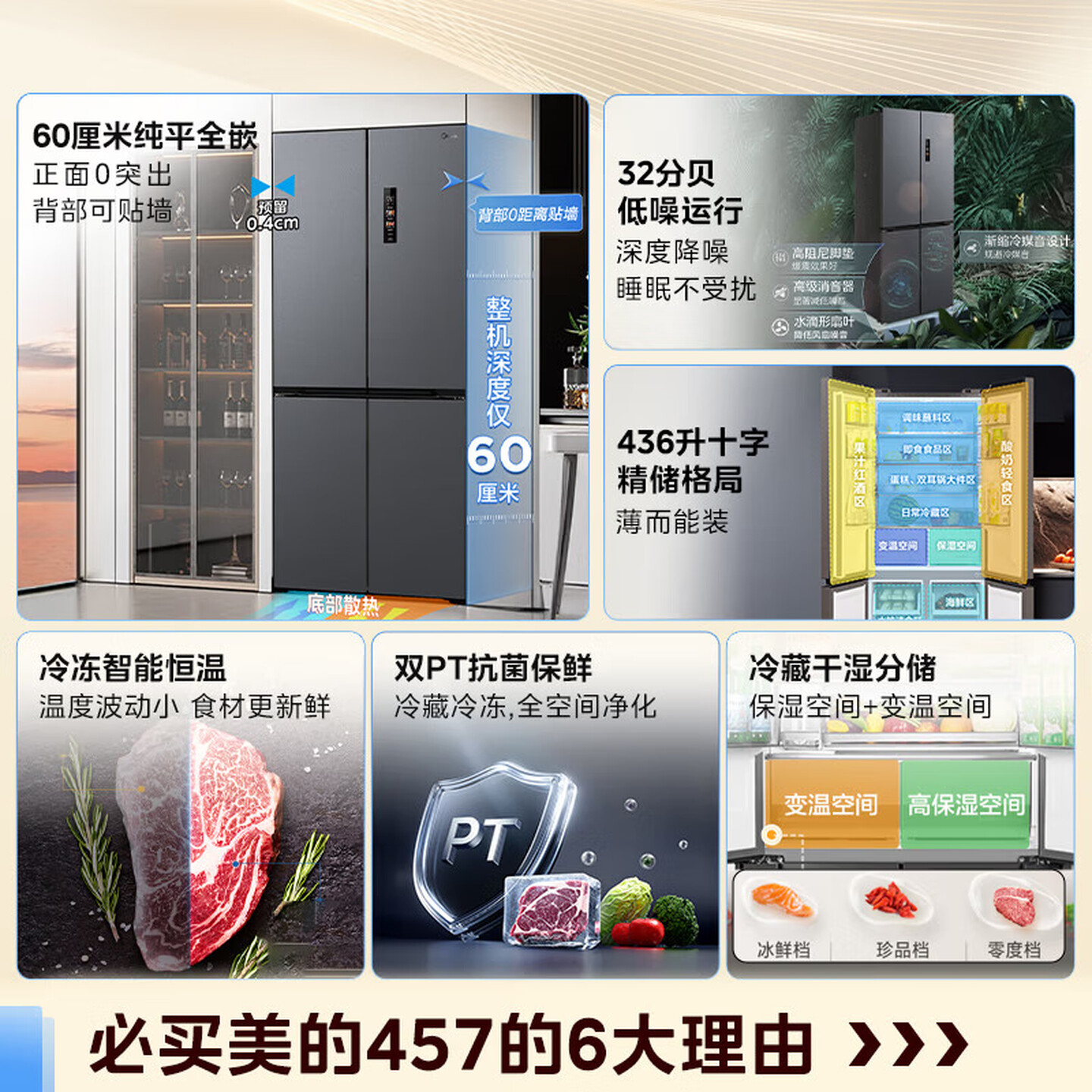 [自营]美的冰箱(Midea)457十字四开门60cm超薄嵌入式底部散热一级变频智能冰箱 MR-457WUSPZE苍穹灰高清大图