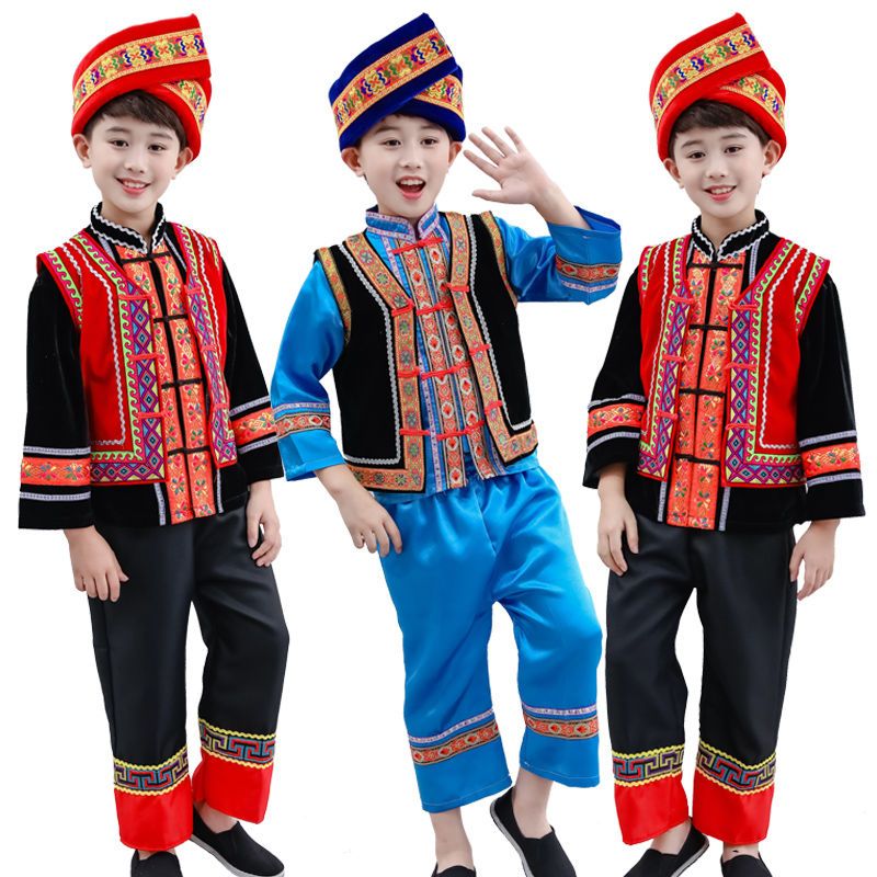 儿童少数民族表演服苗族土家族演出服广西壮族舞蹈服傣族葫芦丝男 女款（红色） 100cm