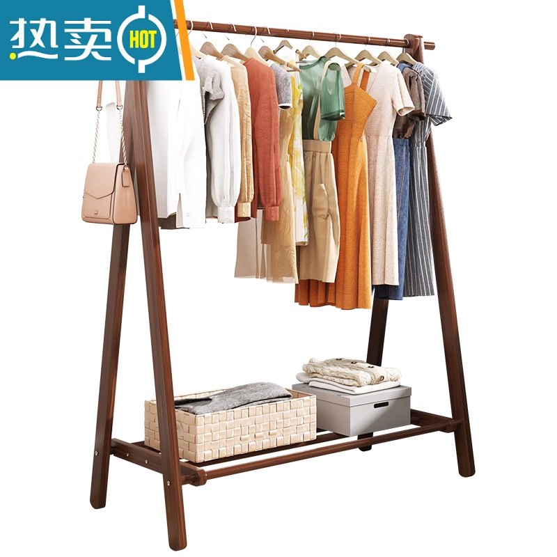 敬平实木衣架卧室落地挂衣架家用晾衣架衣服置物架简易鞋架衣帽架一体 新品特惠☆[实木+布兜]-折叠款-长60cm(原木色)高清大图