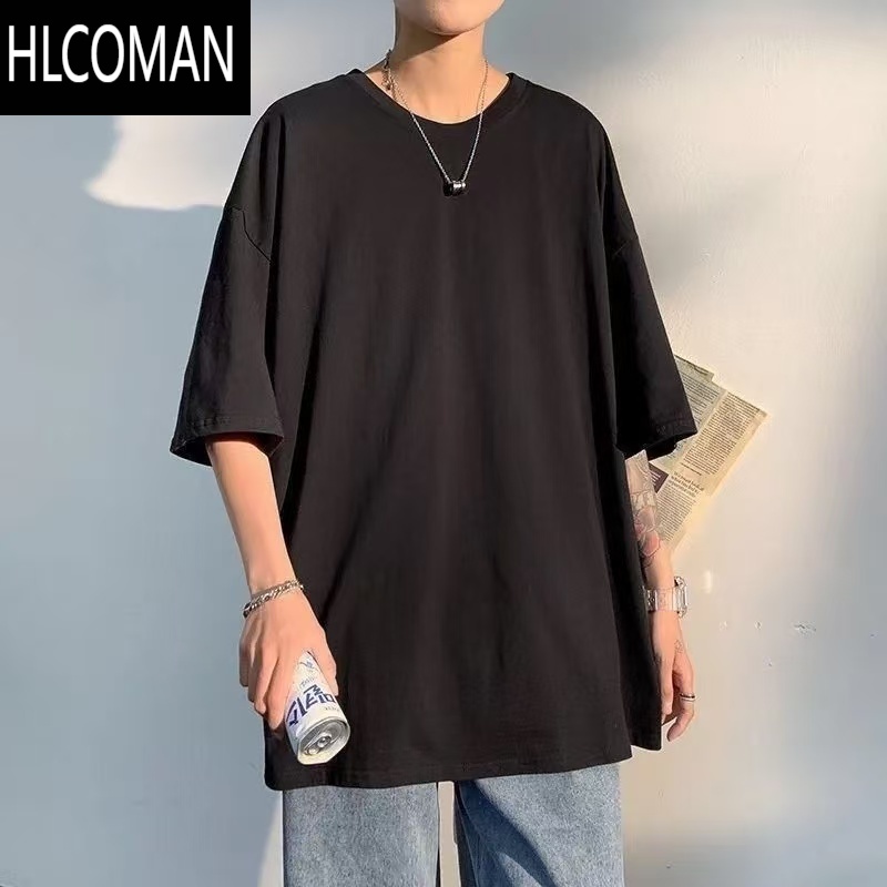 HLCOMAN加肥加大码纯色短袖男士夏季潮流百搭五分袖胖子t恤宽松打底衫男
