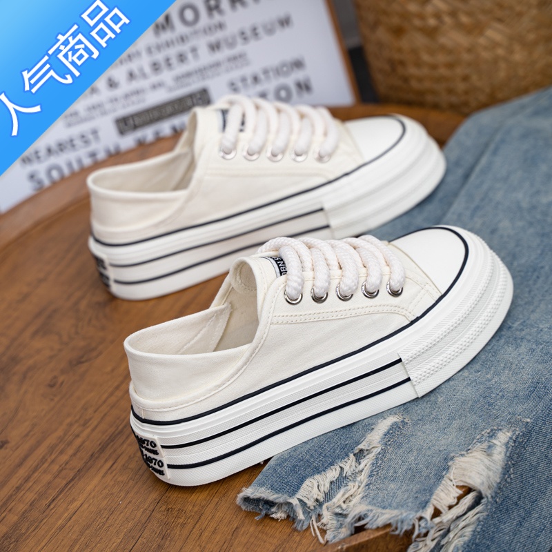 SUNTEK帆布鞋女2023年夏季新款透气女鞋厚底可踩后跟两穿小白鞋夏款鞋子高清大图