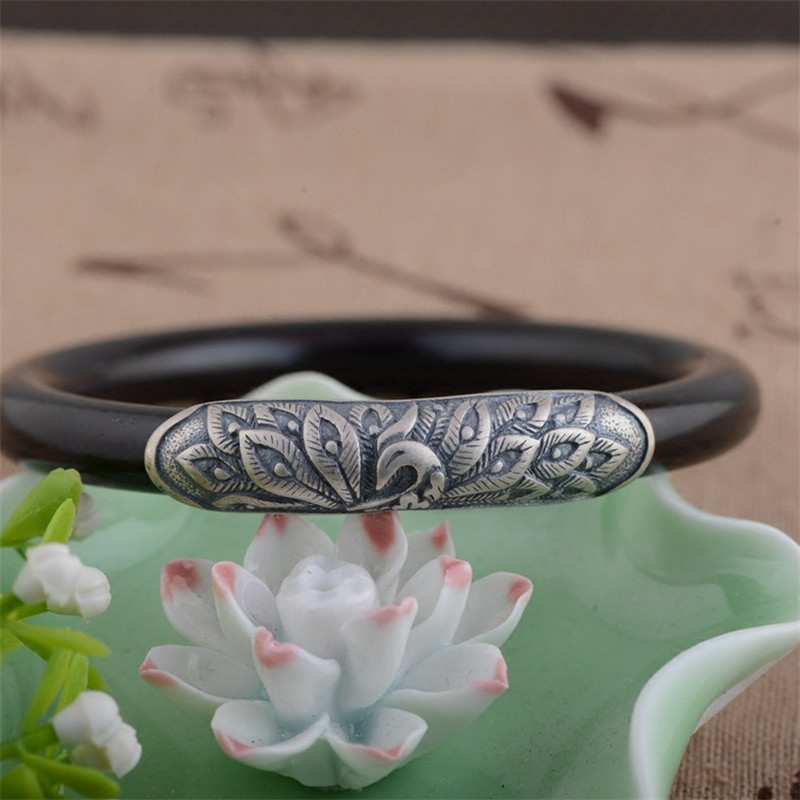 复古女款s925凤穿牡丹黑檀木手镯凤凰镯子木手环送女朋友七夕情人节