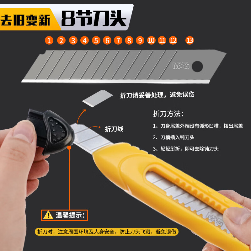 晨光(M&G)文具9mm小号美工刀片 13刀头SK5合金钢刀片/替换刀片 办公用品 10片/盒 单盒装ASSN2231高清大图