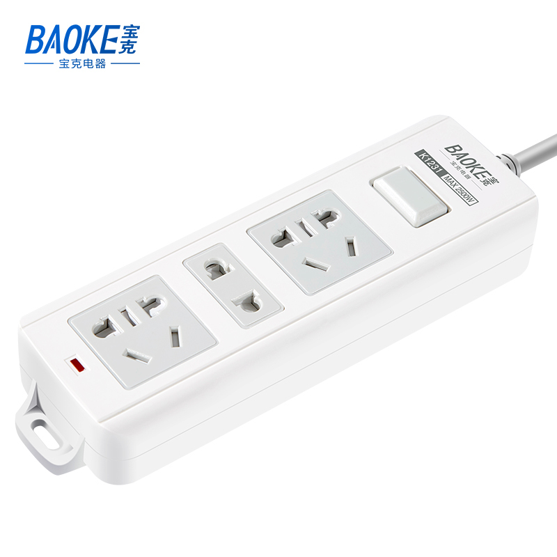 宝克(BAOKE)K1231 插线板 新国标延长线插座3位组合总控开关 2500W MAX 白色 1个